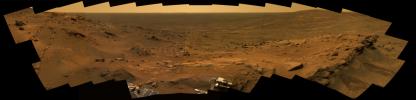 This image from NASA's Mars Exploration Rover Spirit shows Mars' red landscape at 'Whale Panorama' on May 27 through 30, 2005.