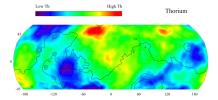 Thorium is a naturally radioactive element that exists in rocks and soils in extremely small amounts. The region of highest thorium content, shown in red on this gamma ray spectrometer map from NASA's Mars Odyssey, is in northern Acidalia Planitia.