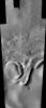 This image from NASA's 2001 Mars Odyssey released on Dec 8, 2003 shows remarkable layered deposits covering older, cratered surfaces near Mars' south pole. The margin of these layered deposits appears to be eroding poleward.