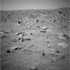 NASA's Mars Exploration Rover Opportunity shows the rocky path lying due east of the rover. Boulders as large as 1.6 feet dot the landscape here near Bonneville Crater. The east hills, over 1.3 miles away, can be seen to the far right.