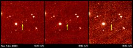 These three panels show the first detection of the faint distant object dubbed 'Sedna.' Imaged on November 14th from 6:32 to 9:38 Universal Time, Sedna was identified by the slight shift in position noted in these three pictures taken at different times.