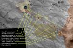 This map shows NASA's Mars Exploration Rover Spirit's past and future routes across the Gusev Crater floor. The solid red line shows where the rover has traveled so far, from lander to the rim of the large crater dubbed 'Bonneville.'
