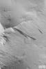 NASA's Mars Global Surveyor shows dark slope streaks on ridges in the Lycus Sulci region, north of the Olympus Mons volcano. Slope streaks form in the dry, dust-mantled regions of Mars.