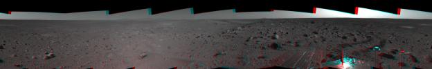 This 3-D cylindrical-perspective mosaic was created from navigation camera images that NASA's Mars Exploration Rover Spirit captured on on sol 107. 3D glasses are necessary to view this image.