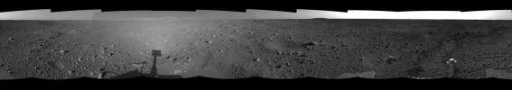 This right-eye mosaic was created from images that NASA's Mars Exploration Rover Spirit acquired May 7, 2004.The rover was on its way to the 'Columbia Hills,' which can be seen on the horizon.