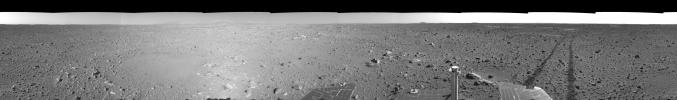 This right-eye mosaic was created from images that NASA's Mars Exploration Rover Spirit acquired May 8, 2004.The rover was on its way to the 'Columbia Hills,' which can be seen on the horizon.