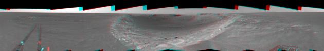 This 3-D cylindrical-perspective mosaic was created from navigation camera images that NASA's Mars Exploration Rover Spirit captured on on sol 103. 3D glasses are necessary to view this image.