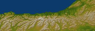 The Alpine fault runs parallel to, and just inland of, much of the west coast of New Zealand's South Island. This view was created from the near-global digital elevation model produced by NASA's Shuttle Radar Topography Mission.
