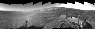 This right-eye view of the terrain surrounding NASA's Mars Exploration Rover Opportunity was taken on the rover's 171st sol on Mars (July 17, 2004). It was assembled from images taken by the rover's navigation camera.