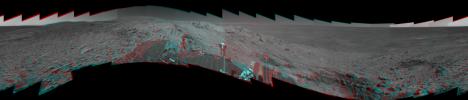 The highest point visible in this panoramic anaglyph from on NASA's Mars Exploration Rover Spirit is 'Husband Hill,' named for space shuttle Columbia Commander Rick Husband. 3D glasses are necessary to view this image.