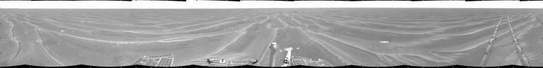 NASA's Mars Exploration Rover Opportunity took the images combined into this 360-degree view of the rover's surroundings onMarch 6, 2005. Opportunity had completed a drive of 124 meters (407 feet) across the rippled flatland of the Meridiani Planum region