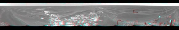 On Mar. 8, 2005, NASA's Mars Exploration Rover Opportunity drove 95 meters (312 feet) toward 'Vostok Crater' that sol before taking images. 3D glasses are necessary to view this image.