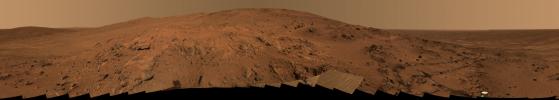 The view from NASA's Spirit is from a position known informally as 'Larry's Lookout' along the drive up 'Husband Hill'. The panorama took images on Feb.27-Mar.2, 2005.