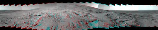 This is a stereoscopic version of NASA's Mars Exploration Rover Spirit's 'Lookout' panorama, acquired on Feb. 27 to Mar. 2, 2005. The view is from a position known informally as 'Larry's Lookout.' 3D glasses are necessary to view this image.