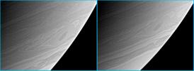 This comparison view shows a common, large vortex on Saturn as it plows through the atmosphere as seen by NASA's Cassini spacecraft.