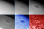These images of Saturn's south pole, taken by two different instruments on NASA's Cassini spacecraft, show the hurricane-like storm swirling there and features in the clouds at various depths surrounding the pole.