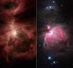 NASA's Spitzer Space Telescope and the National Optical Astronomy Observatory compare infrared and visible views of the famous Orion nebula and its surrounding cloud, an industrious star-making region located near the hunter constellation's sword. 