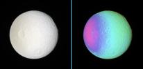 These side-by-side natural color and false-color views show cratered terrain on the anti-Saturn hemisphere of Tethys -- the side that always faces away from Saturn.