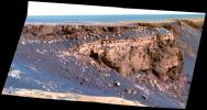 This false-color image captured by NASA's Mars Exploration Rover Opportunity on May 6, 2007, shows Cape St. Vincent, one of the many promontories that jut out from the walls of Victoria Crater, Mars.