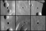 This image from NASA's Mars Odyssey spacecraft shows seven very dark holes on the north slope of the Martian volcano Arsia Mons which have been proposed as possible cave skylights.