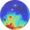 This is an orthographic projection with color-coded elevation contours and shaded relief based on data from the Mars Orbiter Laser Altimeter on NASA's Mars Global Surveyor orbiter.