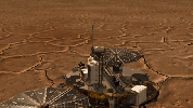 This is an image of a camera pushing through NASA's Phoenix Mars Lander's Stereo Surface Imager (SSI).