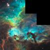 NASA's Hubble peers into a small portion of the nebula near the star cluster NGC 2074. The region is a firestorm of raw stellar creation, perhaps triggered by a nearby supernova explosion. It lies about 170,000 light-years away near the Tarantula 