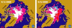  This pair of sea ice maps was derived from radar data from NASA's QuikScat satellite scatterometer during September, 2008 showing the Arctic Sea along the Northern Sea Route and the Northwest Passage.