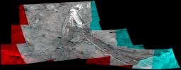 NASA's Mars Exploration Rover Spirit acquired this mosaic on May 21, 2007, while investigating the area east of the elevated plateau known as 'Home Plate' in the 'Columbia Hills.' 3D glasses are necessary to view this image.