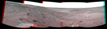 NASA's Mars Exploration Rover Spirit took these images that have been combined into this stereo, 180-degree view of the rover's surroundings on March 23, 2009. 3D glasses are necessary to view this image.