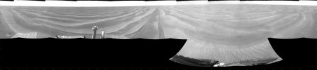 NASA's Opportunity had driven 72.3 meters southward (237 feet) that sol. Engineers drove the rover backward as a strategy to counteract an increase in the amount of current drawn by the drive motor of the right-front wheel. This is a cylindric projection.