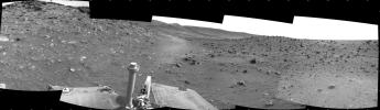 This scene combines five frames taken by the navigation camera on NASA's Mars Exploration Rover Spirit during the 1,871st Martian day, or sol, of Spirit's mission on Mars (April 8, 2009). It spans 180 degrees, with east on the left, south at the center