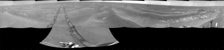 NASA's Mars Exploration Rover Opportunity used its navigation camera to take the images combined into this 360-degree cylindrical view of the rover's surroundings on the 1,950th Martian day, or sol, of its surface mission (July 19, 2009).