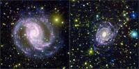 These two photographs were made by combining data from NASA's Galaxy Evolution Explorer spacecraft and the Cerro Tololo Inter-American Observatory in Chile to learn that not all galaxies make stars of different sizes in the same quantities.