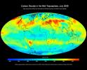 Created with data acquired by JPL's Atmospheric Infrared Sounder instrument during July 2009 this image shows large-scale patterns of carbon dioxide concentrations that are transported around Earth by the general circulation of the atmosphere.