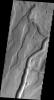 This image from NASA's Mars Odyssey shows Tyrrhena Fossae on Mars, a large channel feature on the northern flank of Tyrrhena Mons.