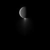Saturn's moon Enceladus, imaged at high phase, shows off its spectacular water ice plumes emanating from its south polar region in this image captured by NASA's Cassini spacecraft.