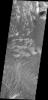 This image taken by NASA's 2001 Mars Odyssey shows a portion of the floor of Melsa Chasma. Wind blown material is located in lows between layered floor materials.
