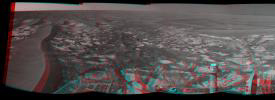This stereo panorama taken by NASA's Mars Exploration Rover Opportunity includes an outcrop informally called 'Cambridge Bay.' 3D glasses are necessary to view this image.