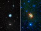 This image composite shows two views of a puffy, dying star, or planetary nebula, known as NGC 1514. At left is a view from a ground-based, visible-light telescope; the view on the right shows the object in infrared light from NASA's WISE telescope.