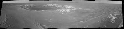 This view of 'Intrepid' crater, about 20 meters (66 feet) in diameter, is a mosaic of images taken by the navigation camera on NASA's Mars Exploration Rover Opportunity. The view spans 180 degrees and is centered toward the east.