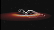 This frame from an animation based on data obtained by NASA's Cassini spacecraft shows how the 'explosions' of hot plasma on the night side (orange and white) periodically inflate Saturn's magnetic field (white lines).