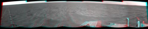 A dance-step pattern is visible in the wheel tracks near the left edge of this scene recorded by NASA's Mars Exploration Rover Opportunity on Mars on April 1, 2011. 3D glasses are necessary to view this image.