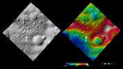 These images from NASA's Dawn spacecraft show Claudia crater (marked by an arrow) and its surroundings. Claudia crater is the crater which is used to define 0 longitude on asteroid Vesta.