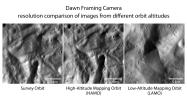 NASA's Dawn spacecraft has spiraled closer and closer to the surface of the giant asteroid Vesta. These images were obtained by Dawn's framing camera in the three phases of its campaign since arriving at Vesta in mid-2011.