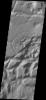 The isolated mesas in this image from NASA's 2001 Mars Odyssey spacecraft are part of Arsinoes Chaos. There is a material that differs from the rest of the chaos visible at the bottom of the image.