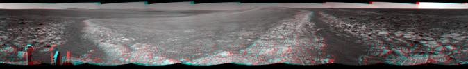 This 360-degree stereo panorama assembled from images taken by the navigation camera on NASA's Mars Exporation Rover Opportunity shows terrain surrounding the position where the rover spent its 3,000th Martian day working on Mars (July 2, 2012).