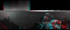 This 3D image from NASA's Curiosity was taken from the rover's Bradbury Landing site inside Gale Crater, Mars. Between the rover on the right, and its shadow on the left, looms the rover's eventual target: Mount Sharp.