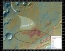 This false-color map shows the area within Gale Crater on Mars, where NASA's Curiosity rover landed on Aug. 5, 2012 PDT (Aug. 6, 2012 EDT). The rover is heading toward Glenelg, just to the lower right of Bradbury.