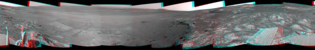 This full-circle, 3-D panorama shows the terrain around the NASA Mars Exploration Rover Opportunity on part of a relatively flat, light-toned outcrop called 'Whitewater Lake.' The basin of Endeavour Crater is in the left half of the image.